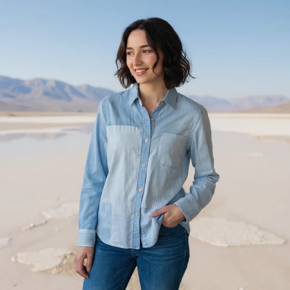 Faherty Tried and True Chambray Linen Blend Patchwork Button Front Shirt Top XS